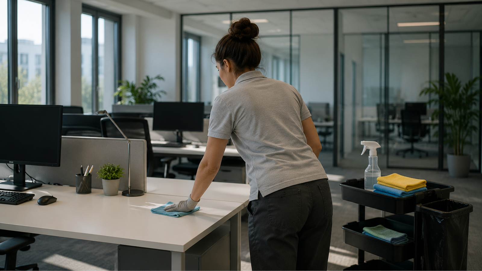 Reinigungskraft bei der Büroreinigung mit farbcodiertem Wischsystem